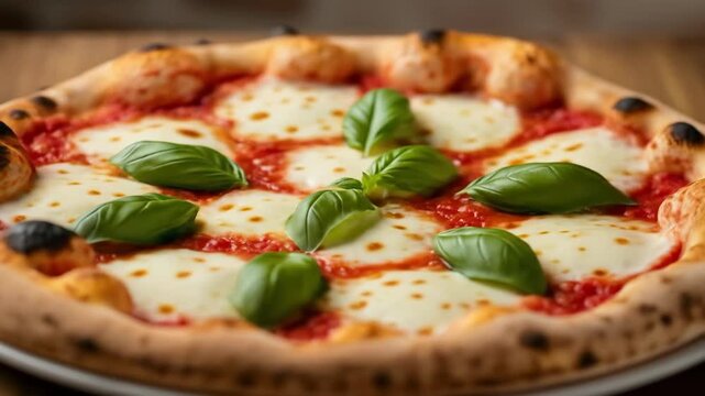 Delicious pizza with tomato sauce, cheese, and basil on table
