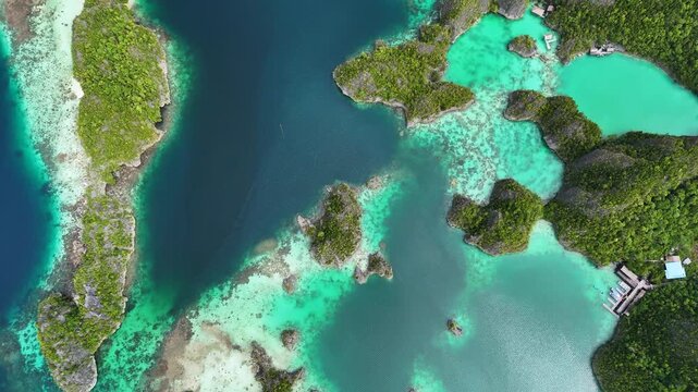 Aerial view of Piaynemo islands in Raja Ampat, Indonesia, with turquoise lagoons, lush green karst islets and stunning tropical seascape, symbol of exotic travel and adventure