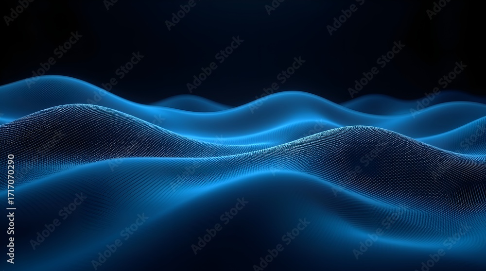 Poster futuristic abstract waves – curved mesh gradient glowing with blue tones over black. smooth transiti