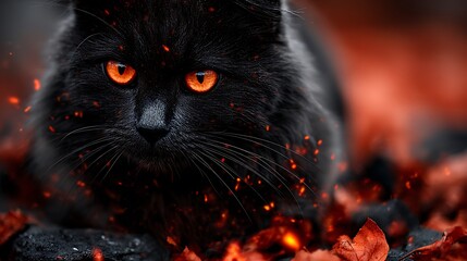 Closeup portrait of a fluffy black cat with intense glowing orange eyes amidst fiery red autumn leaves
