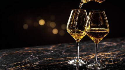 Golden liquid being poured into two wine glasses on a dark marble surface with bokeh background