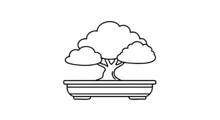 Line art illustration of a bonsai tree in a rectangular pot, featuring a stylized trunk and cloud-like foliage.