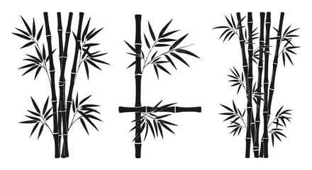 Silhouette illustration of various bamboo stalks and leaves in a decorative arrangement.