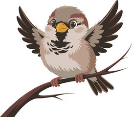 Fototapeta premium Cute cartoon sparrow bird with wings spread wide sitting on a branch