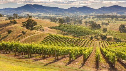 Naklejka premium Rows of grapevines stretch across rolling hills under a clear sky with distant mountains in the background.