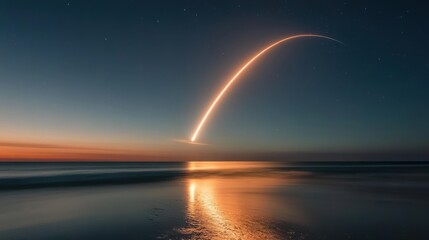 Rocket launch at beach during sunset, majestic night sky