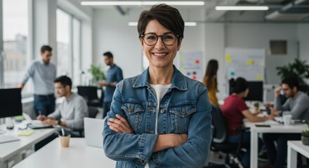 Fototapeta premium Confident professional woman with glasses and denim jacket smiles with arms crossed in a modern bright collaborative workspace environment