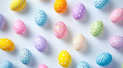 Fototapeta premium Colorful Easter eggs arranged on white surface in studio