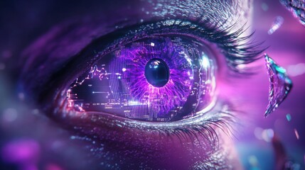 Young woman with glowing purple light projected onto iris