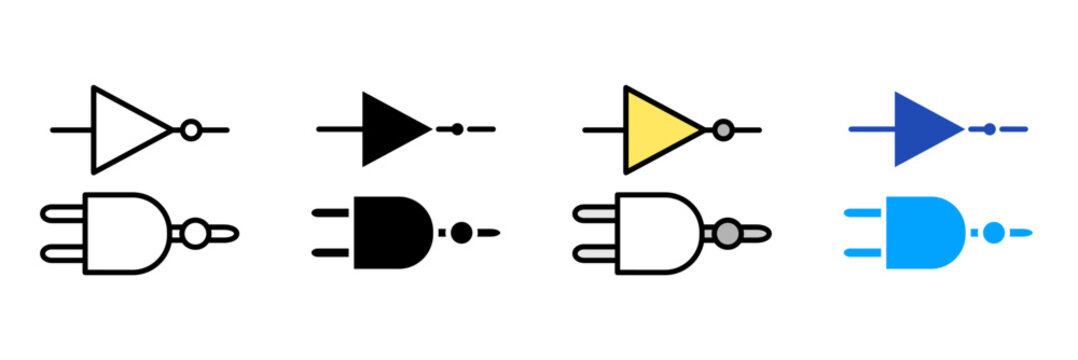  electronic components Icon Set Multiple Style Collection. Power Supply, Circuit Board, Microcontroller, Resistor, Capacitor, Diode, Transistor, Sensor, Relay, Transformer, Motor, Generator, Battery, 