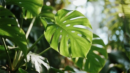 Obraz premium Close-up of a Monstera leaf with natural sunlight filtering through the foliage in a lush green environment.