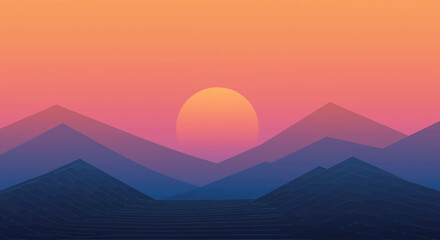 Fototapeta premium Abstract mountain landscape vector, minimalist geometric shapes, sunset gradient colors(