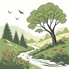 Obraz premium Serene Landscape with Winding River and Lush Greenery Keywords: landscape, nature, river, stream