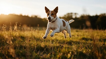 A small white and brown dog running through a grassy field at sunset