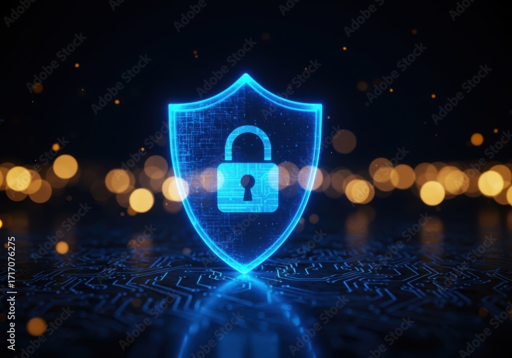 Poster digital shield icon with glowing lock symbol represents cybersecurity and data protection concepts a