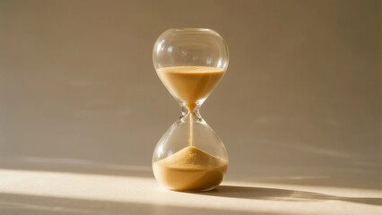 Hourglass with sand flowing through glass bulbs on a neutral background