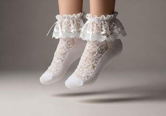 Elegant White Lace Ruffled Socks Floating on a Light Background