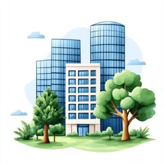 Modern Cityscape with Skyscrapers and Lush Greenery under Blue Sky