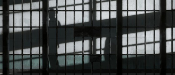 Silhouette of a person behind metal bars in a dimly lit space