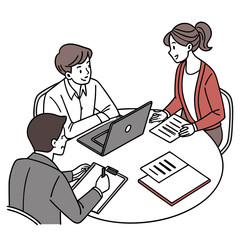 Three people in a meeting around a round table with a laptop