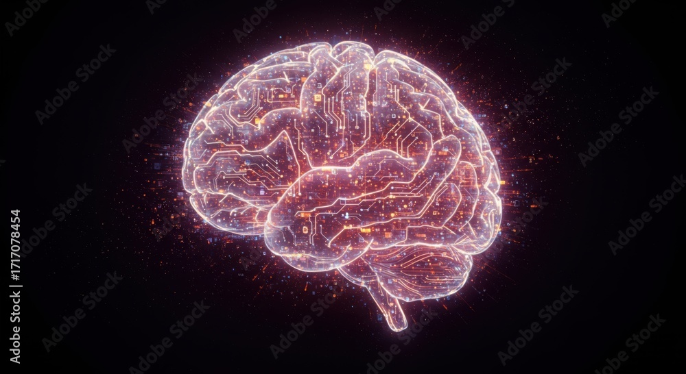 Poster illuminated digital brain structure with glowing circuits and neural network connections against a d