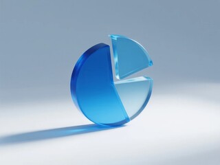 Transparent blue glass pie chart with one segment lifted, set against a neutral background