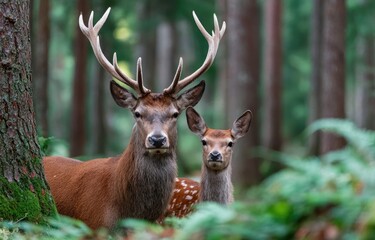 Fototapeta premium a red deer buck with antlers standing next to its fawn in the forest