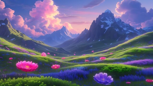 Enchanting mountain valley with vibrant flowers and dreamy sunset sky - Powered by Adobe