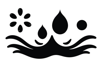 Black and White Illustration with Flower, Droplets, and Fluid Waves Abstract Design