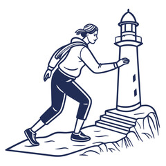 Woman in athletic wear running towards a lighthouse on a rocky shore