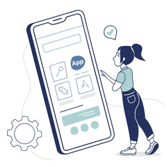 Woman interacting with a large smartphone displaying app icons