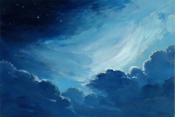 Night sky with stars and clouds painted in shades of blue