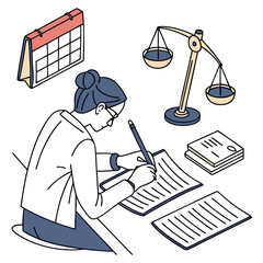 Woman Studying Law with Legal and Calendar Elements Keywords: law, justice, legal, study
