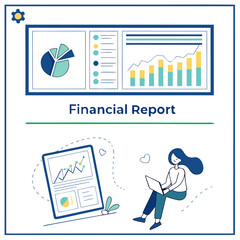 Woman working on laptop with financial charts and graphs Keywords: woman, laptop, financial