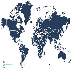World map with blue continents and a brown marker earth