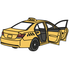 Yellow taxi with open doors on white background sedan