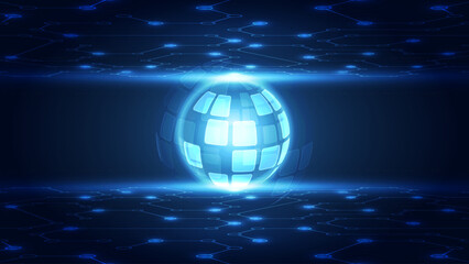 Glowing Digital Sphere with Futuristic Circuit Connections in Blue Neon Technology Vector Illustration Background