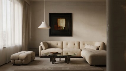 Modern living room with beige sectional sofa, glass coffee table, and abstract artwork on the wall