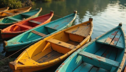 Obraz premium Five colorful rowboats docked by a serene lakeside