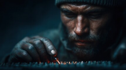 Man engaged in precision work industrial workshop photography dimly lit close-up skillful craftsmanship