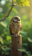 Solitary owl perched in serene forest during daytime