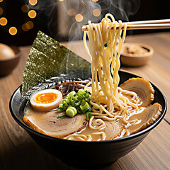 Delicious ramen noodles being lifted with chopsticks from a steaming bowl