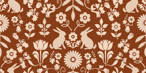 Charming folk art style seamless pattern with rabbits and flowers in beige and brown tones