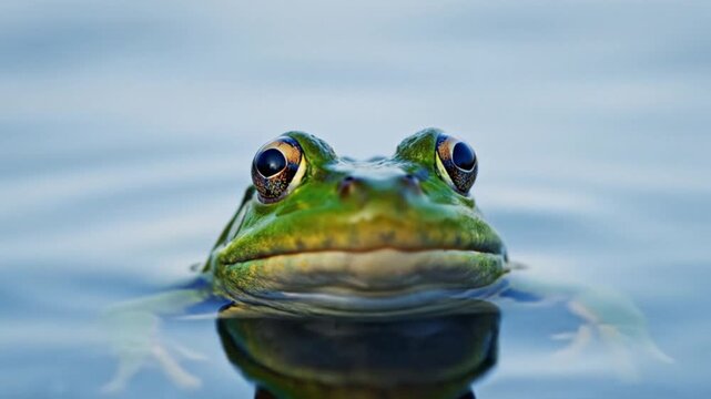 Close up of a vibrant green frog with large expressive eyes peeking out of calm blue water