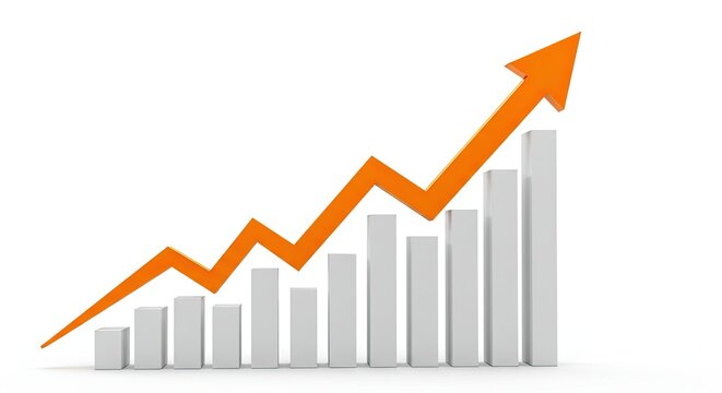A 3D rendering of a bar graph with an orange arrow showing an upward trend, symbolizing growth and positive progress.