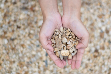 Nature's treasure collecting pebbles in hands outdoor setting close-up view natural beauty