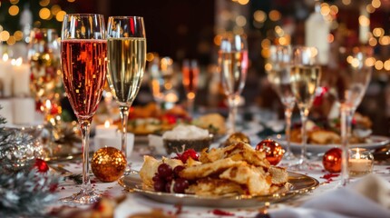 Naklejka premium 赤と金色の輝きを放つシャンパンフルートが置かれたクリスマスイブのパーティーテーブル