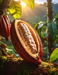 Cocoa Pod Filled with Beans in Sunlight.