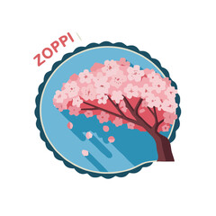 Vibrant cherry blossom tree in full bloom, with pink petals falling, set against blue circular with scalloped edge, symbolizing spring and renewal