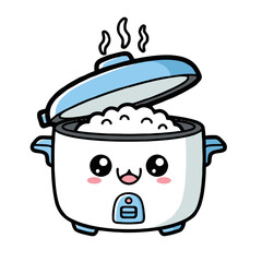 Cute cartoon rice cooker with an open lid, filled with rice and steam